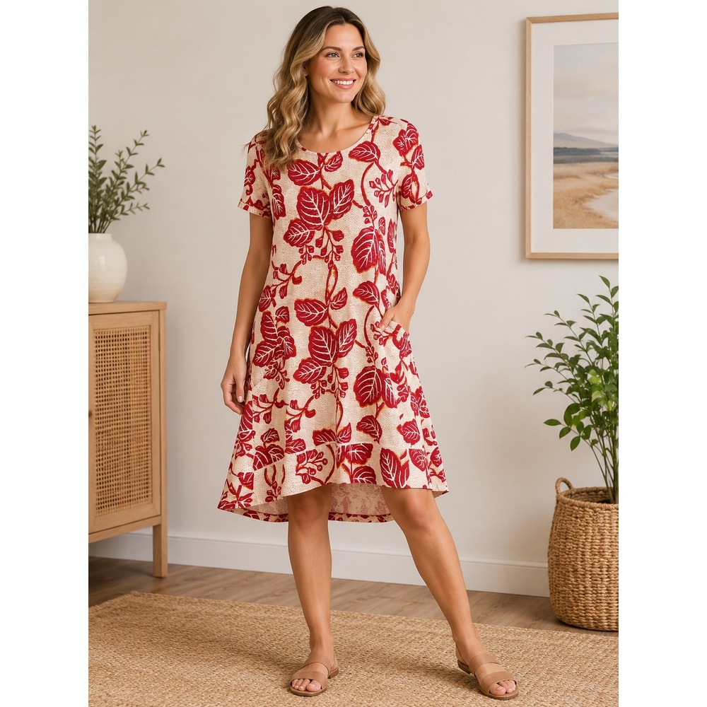 Fat Face Red Leaf Print Shift Dress Ivory Tan Short Sleeve Lace Trim USA 10